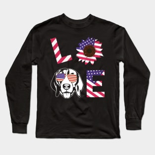 Cool US Flag Sunflowers Glasses Dog Face LOVE Beagle Dog Americans Independence USA July 4th Day Long Sleeve T-Shirt